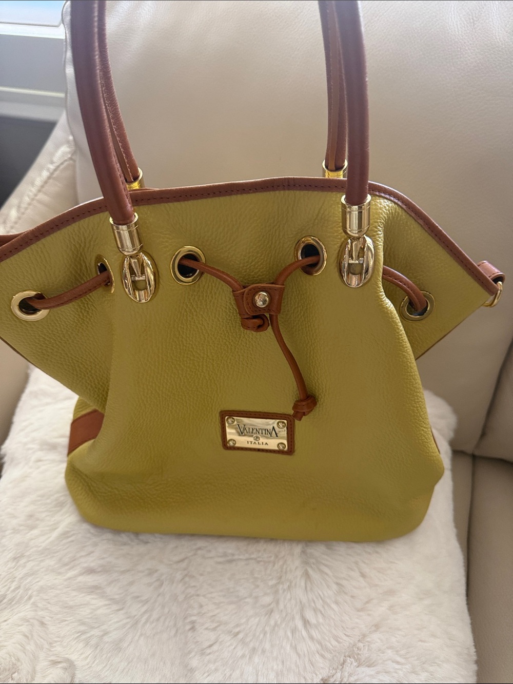 Valentina Olive-Yellow Leather Drawstring Shoulder Bag with Brown Trim